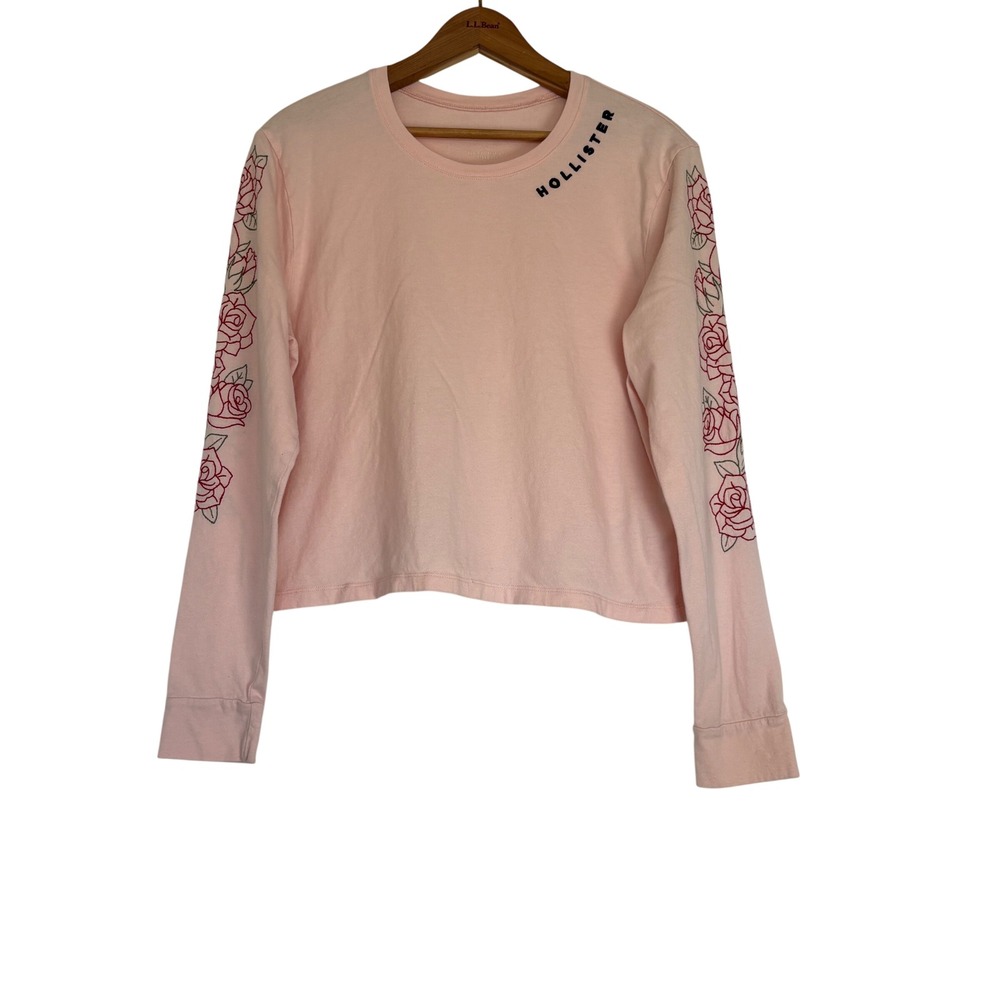Hollister Womens Pink Long Sleeve Rose Embroidered Graphic Crop Top Tee Size S